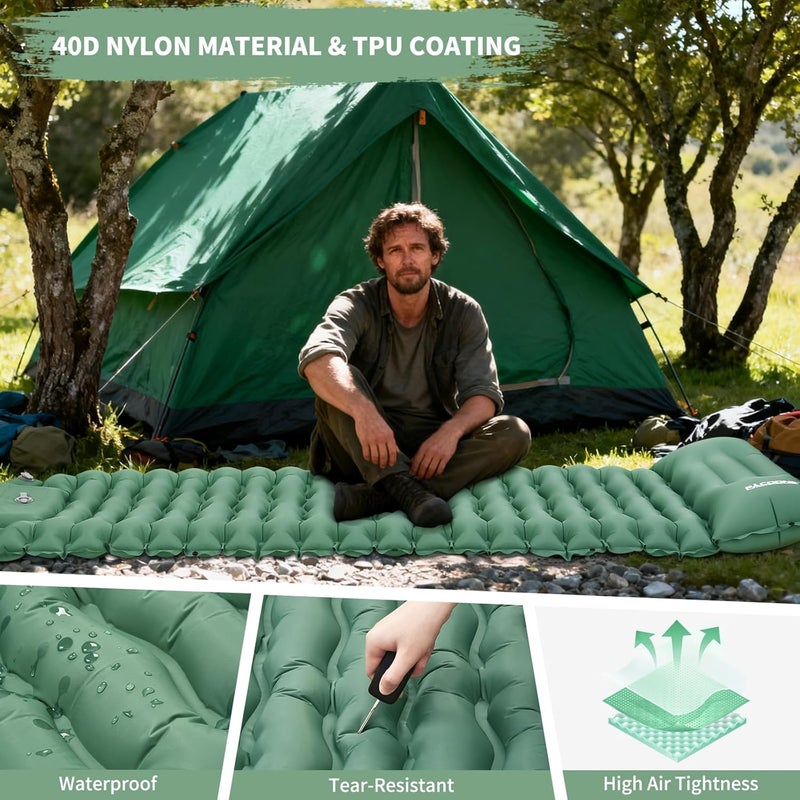 PACOONE Camping Sleeping Pad, Connectable Design for Double Mat, Ultralight Inflatable Sleeping Mat with Pillow, Built-in Foot Pump, Portable Camping Air Mattress for Backpacking Hiking Tent (Green) - Image 4